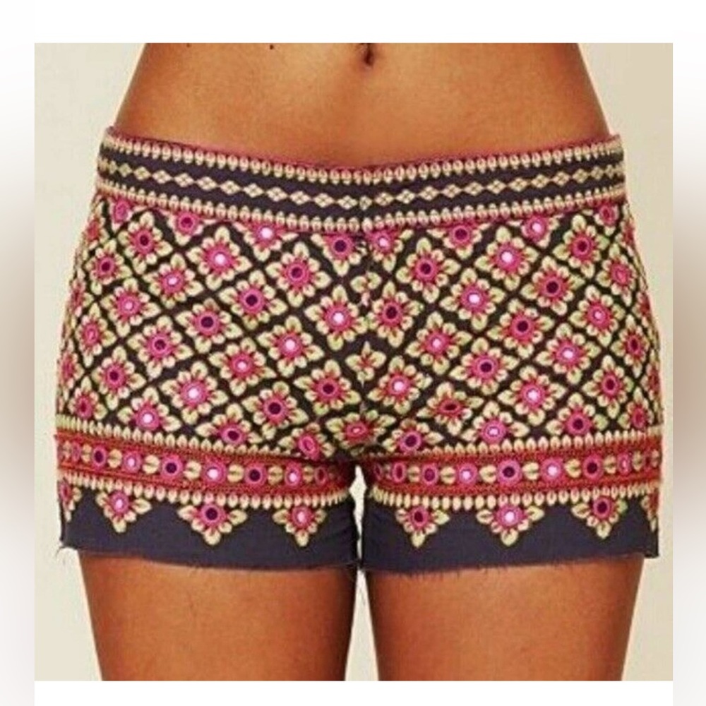 Anthropologie THML Shorts Lined Cotton & Linen Embroidered Size S pink/blue